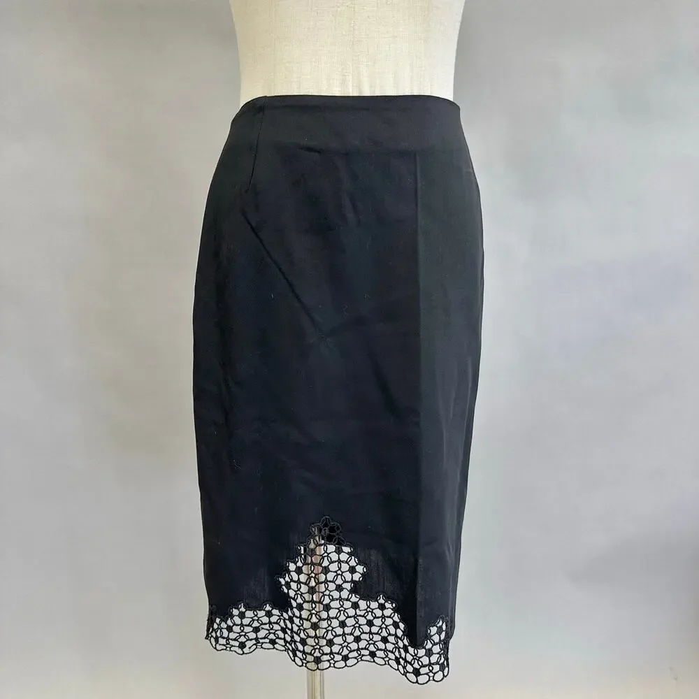 Vintage 90s Armani Collezioni Black Wool Pencil Skirt Embroidered lace Size 8‎